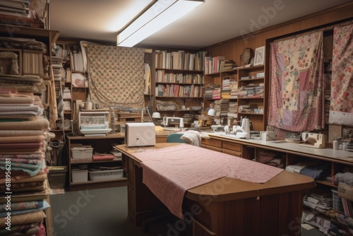 sewing room filled with patterns, fabrics, and sewing supplies, created with generative ai