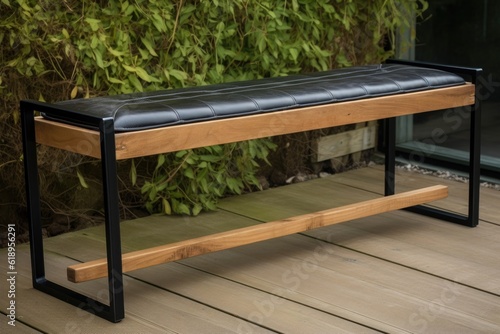 upcycled wooden bench with a metal frame and black leather seat, created with generative ai