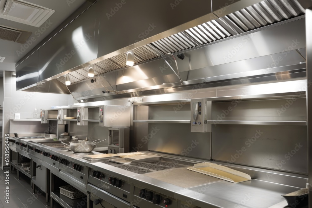 ventilation and exhaust system in the kitchen, with hoods over cooking surfaces and extractor fans removing smoke and odors, created with generative ai ventilation and exhaust system in the kitchen, with hoods over cooking surfaces and extractor fans removing smoke and odors, created with generative ai
