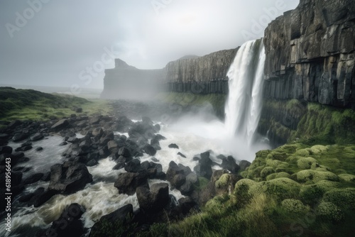majestic waterfall with cascading water and mist in the distance  created with generative ai