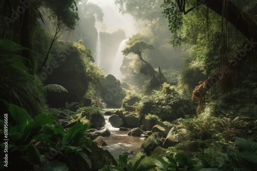 mood-setting waterfall surrounded by lush greenery and misty atmosphere, created with generative ai