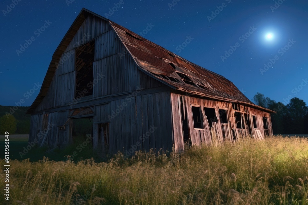 rustic barn in moonlight, with the lunar glow shining through the windows, created with generative ai rustic barn in moonlight, with the lunar glow shining through the windows, created with generative ai