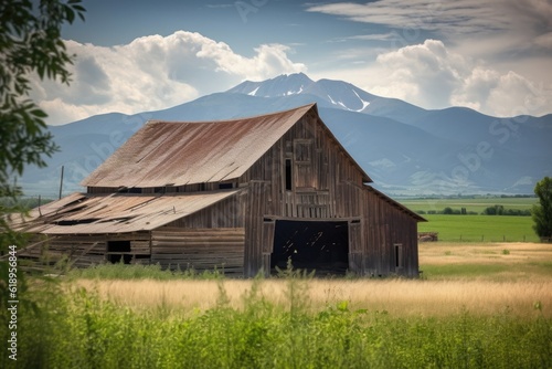 rustic barn with mountain vista in the background, created with generative ai