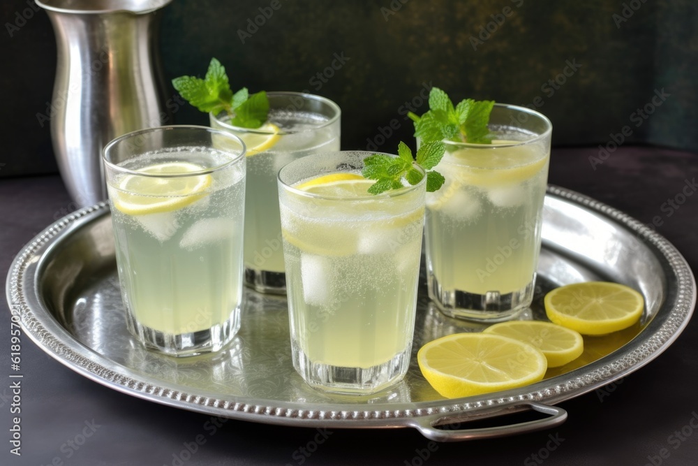 refreshing summer lemonade with added mint and ice cubes on a silver tray, created with generative ai refreshing summer lemonade with added mint and ice cubes on a silver tray, created with generative ai