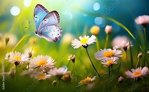 An illustration of small wild purple flowers in the grass and a butterfly soaring in nature in rays of sunlight close-up. Spring summer natural landscape. Created with Generative AI technology © mafizul_islam
