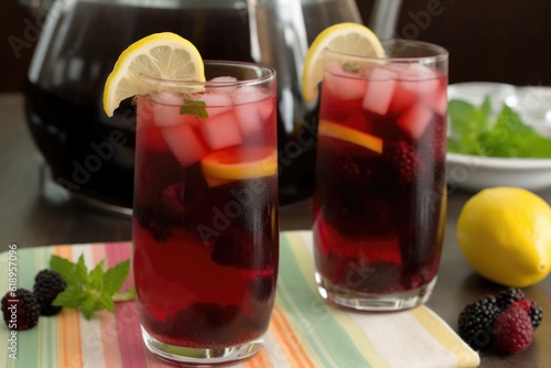 refreshing summer lemonade with mint and blackberry garnish, created with generative ai