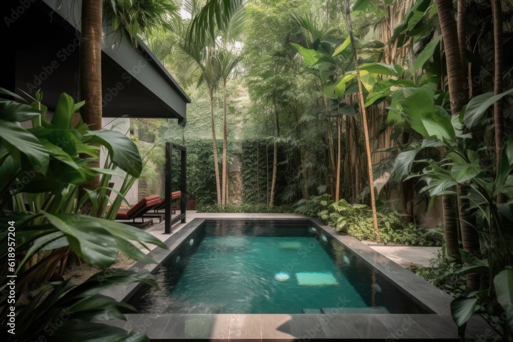 wellness retreat with private pool surrounded by lush greenery, created with generative ai