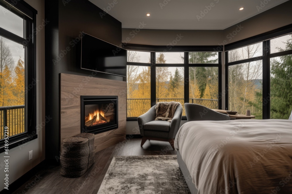 Fototapeta premium room with cozy fireplace and view of the forest during wellness retreat, created with generative ai