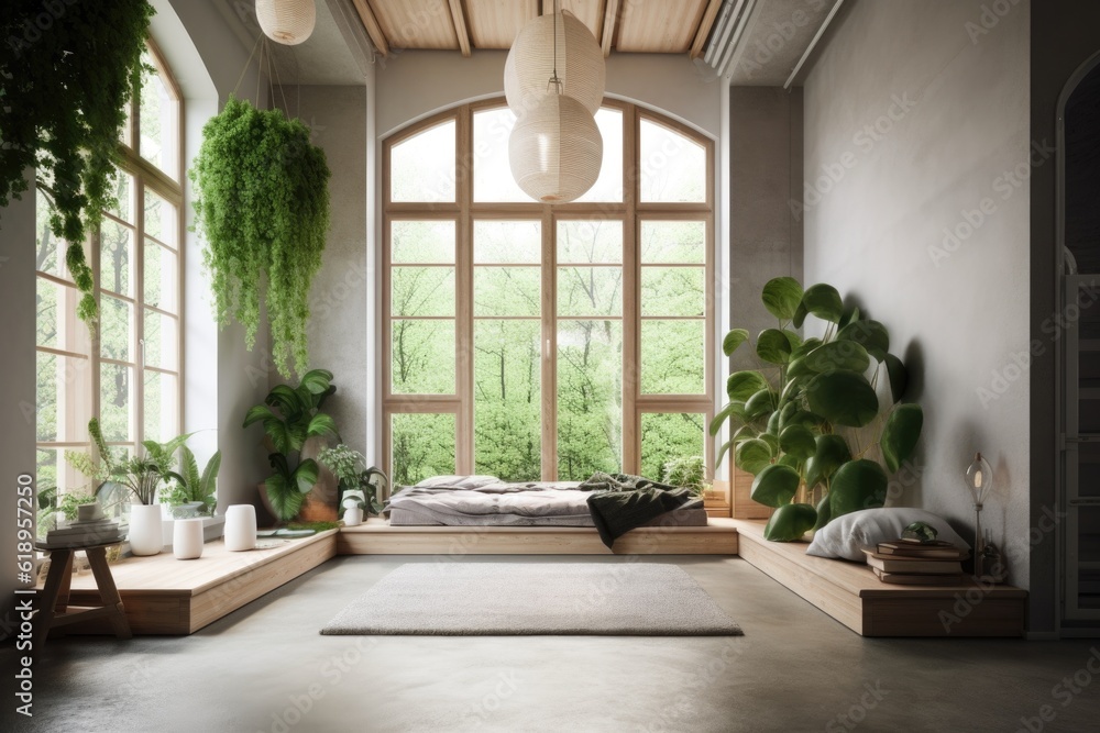 minimalist room with lush greenery and natural light, created with generative ai