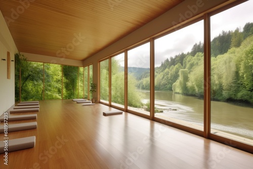 wellness retreat center  with view of a natural landscape and flowing river  created with generative ai