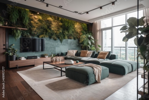 modern apartment, with pop of color and greenery in the living room, created with generative ai