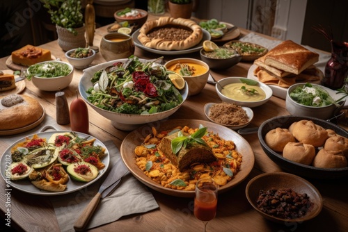 plant-based and vegan feast, with a variety of dishes including soups, salads, and pastries, created with generative ai