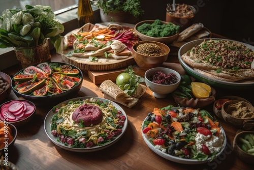 a colorful spread of plant-based and vegan dishes, including raw veggies, hummus & pita, salads & sandwiches, created with generative ai