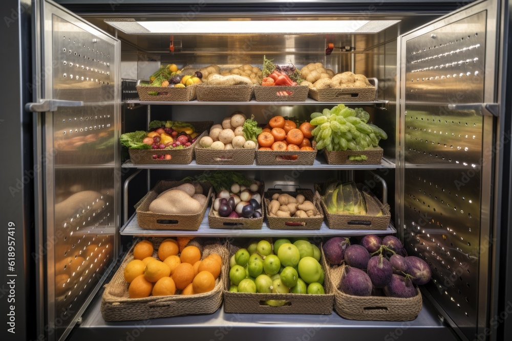 a temperature-controlled holding cabinet with a variety of food products, including fruits and vegetables, created with generative ai