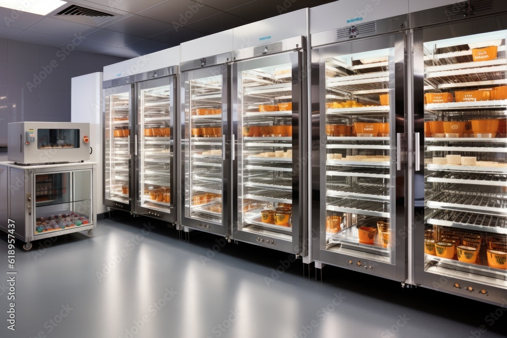 diverse range of food products and ingredients stored in temperature-controlled holding cabinets, created with generative ai