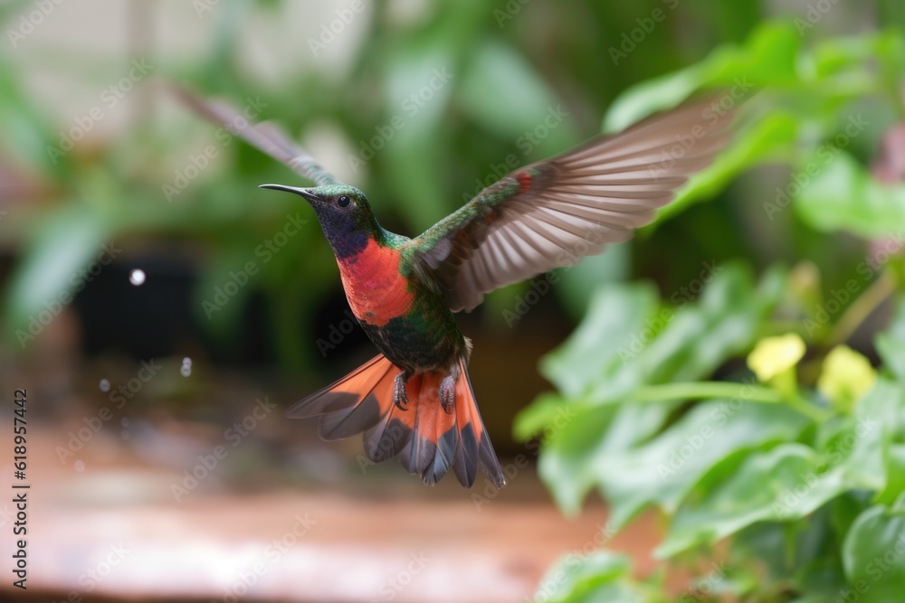 Fototapeta premium hummingbird taking its first flight, flapping its wings and hovering, created with generative ai