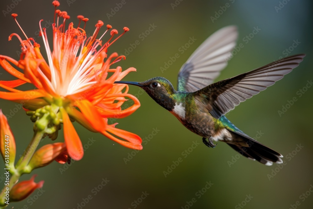 Fototapeta premium hummingbird hovering above flower, learning the basics of flight, created with generative ai