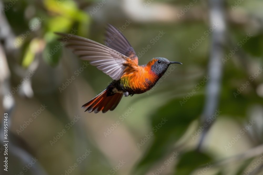 Fototapeta premium hummingbird in flight, its wings a blur, created with generative ai