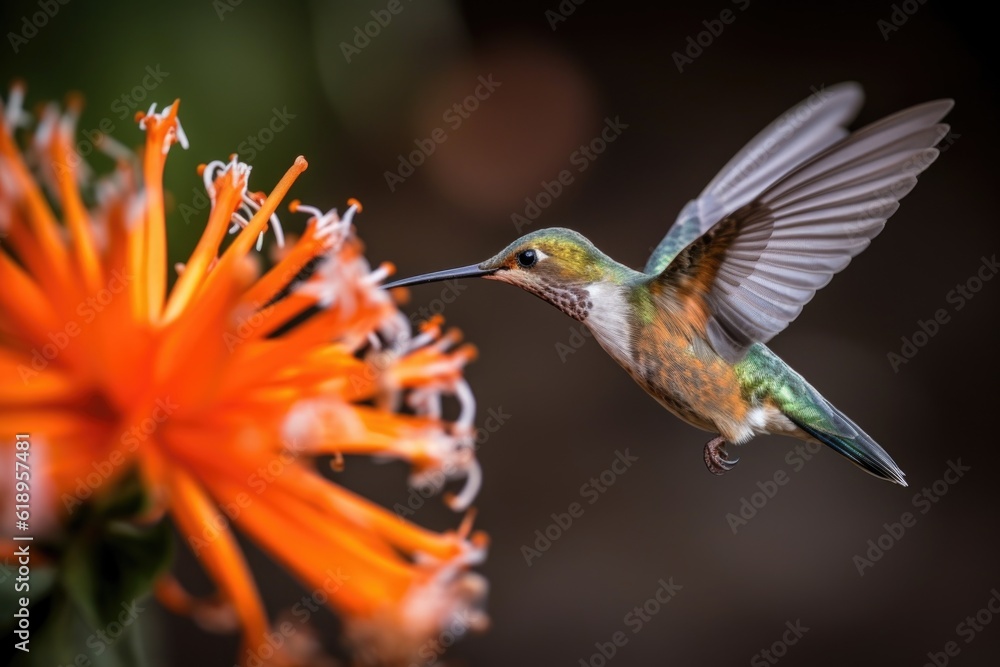 Fototapeta premium hummingbird hovering in front of blooming flower, taking flight, created with generative ai