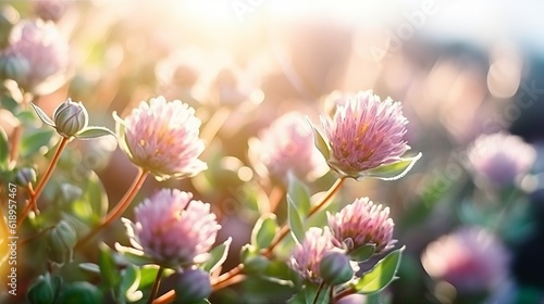 A soft, blurred natural picture with wildflowers in the morning dew on a spring-summer meadow, featuring light pastel colors. Created with Generative AI technology