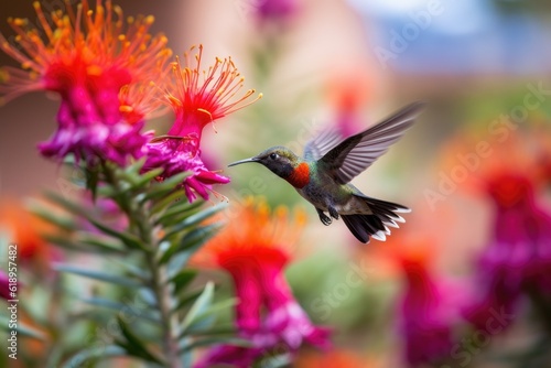 hummingbird practicing its flight skills, hovering and fluttering above garden, created with generative ai