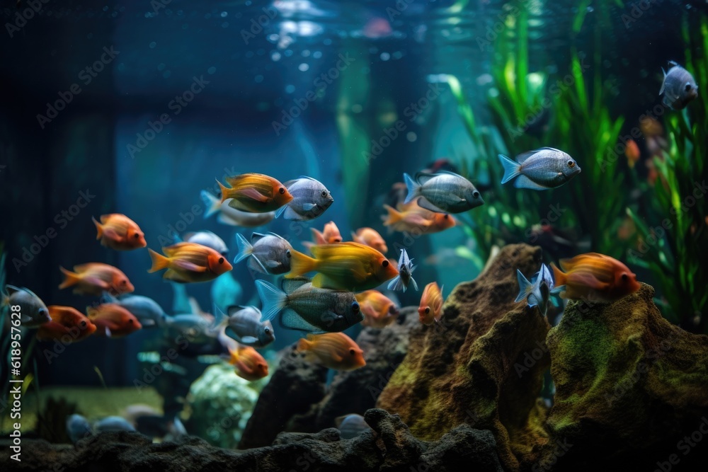 Naklejka premium tropical fish tank, with schools of colorful fish swimming through the water, created with generative ai