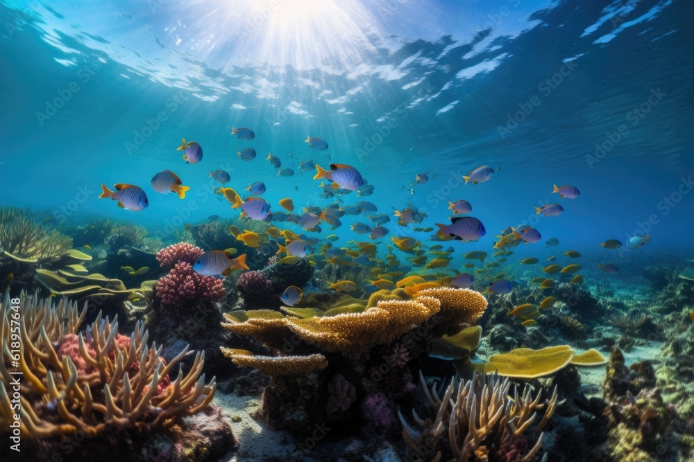 Naklejka premium tropical fish swimming among coral reef, with schools of colorful fish in the background, created with generative ai