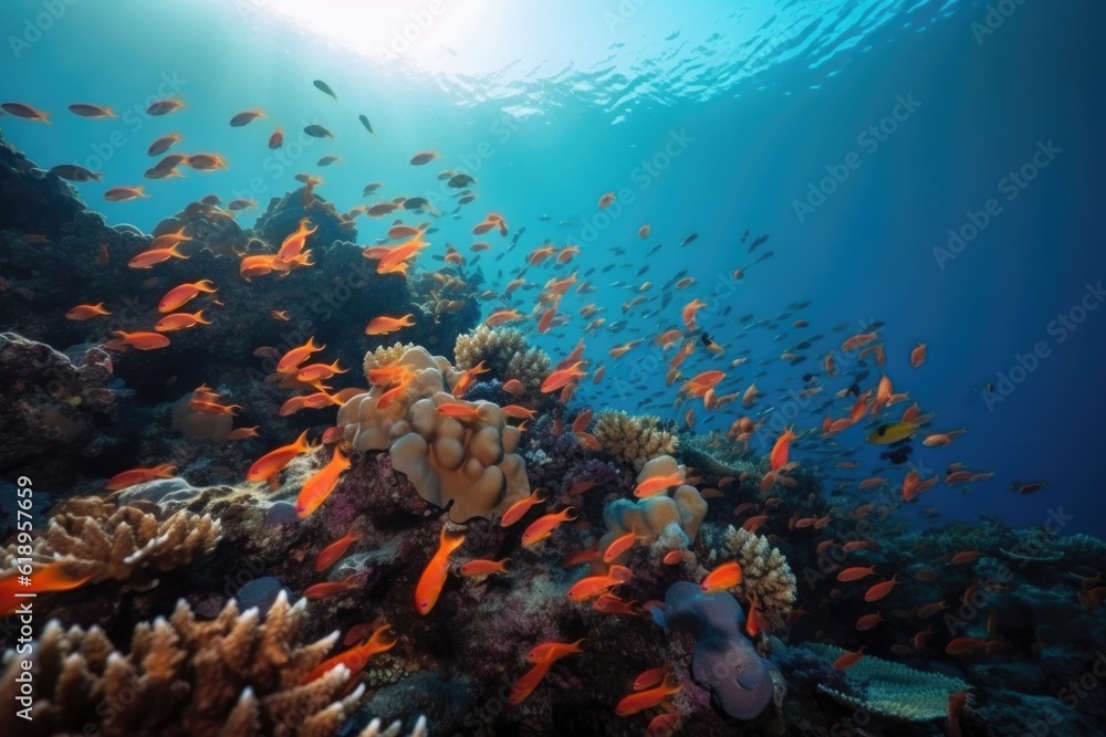 Naklejka premium school of tropical fish swimming among coral reef, created with generative ai