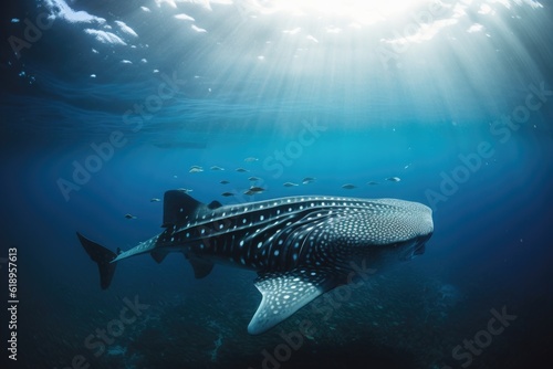 enormous whale shark swimming through tropical reef, created with generative ai