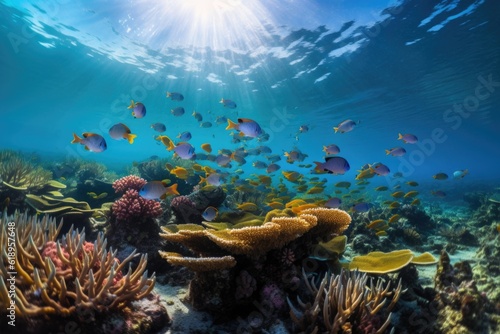 tropical fish swimming among coral reef  with schools of colorful fish in the background  created with generative ai