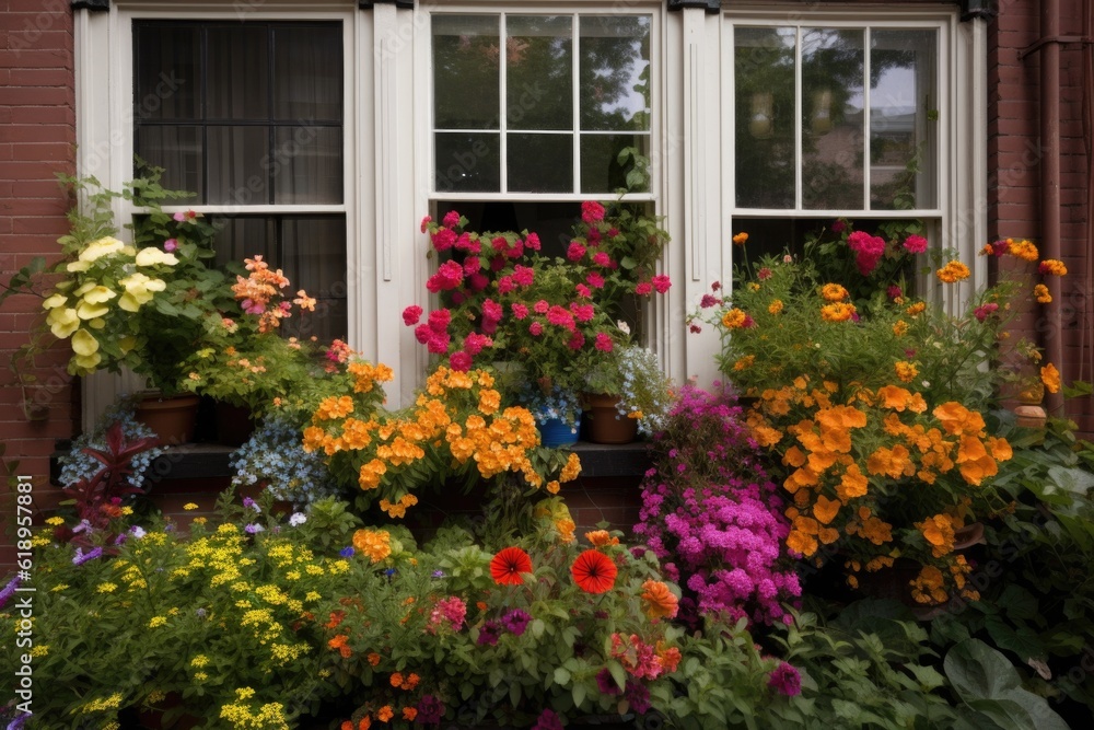 Obraz premium window garden overflowing with colorful blooms and foliage, created with generative ai