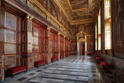 a grandiose wall of red marble, with gold accents and paintings on it, created with generative ai