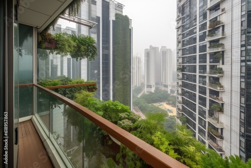 breathtaking view of the city and the window garden on a balcony, created with generative ai