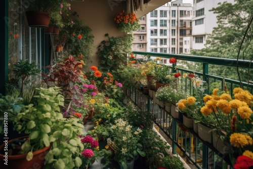 balcony garden filled with lush greenery and colorful flowers, created with generative ai