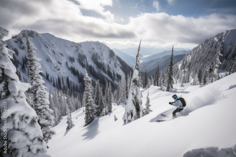 Fototapeta premium skier gliding down snowy mountain, with views of the valley below, created with generative ai