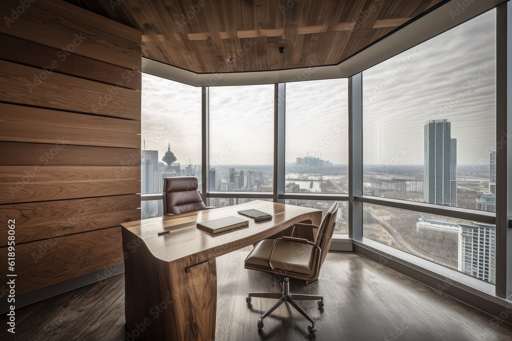 wood-paneled office, with view of the city skyline, and a modern glass desk, created with generative ai wood-paneled office, with view of the city skyline, and a modern glass desk, created with generative ai