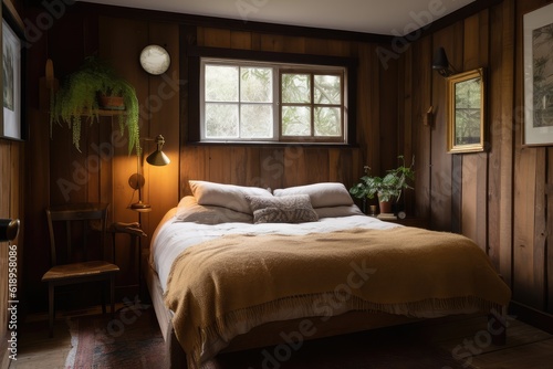 a cozy bedroom with wood-paneled walls and a vintage brass bed, created with generative ai © Alfazet Chronicles