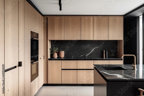 wood-paneled kitchen, with sleek black appliances and marble countertops, created with generative ai
