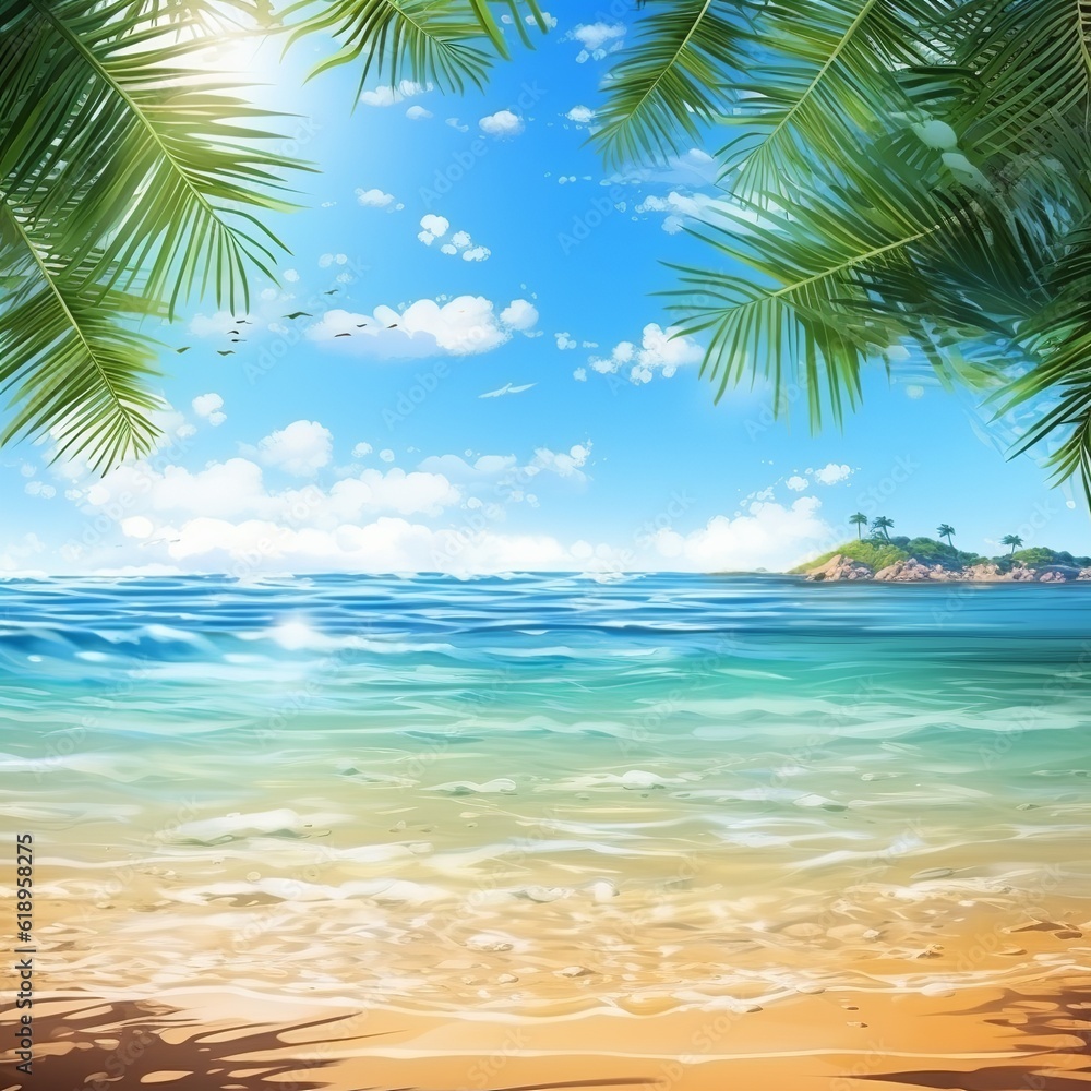 A summer landscape of a tropical golden beach with palm leaves, soft focus. Golden sand, turquoise sea, blue sky, and white clouds. Created with Generative AI technology