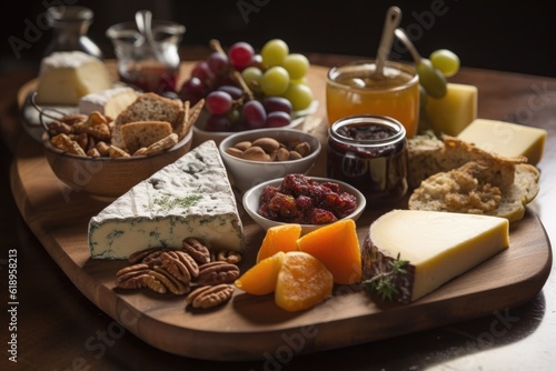 artisanal cheese plate with variety of accompaniments, such as fruit and nuts, created with generative ai