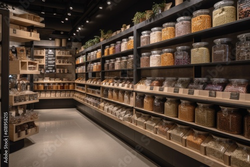 a grocery store, with shelves lined with ingredients in reusable packaging, created with generative ai