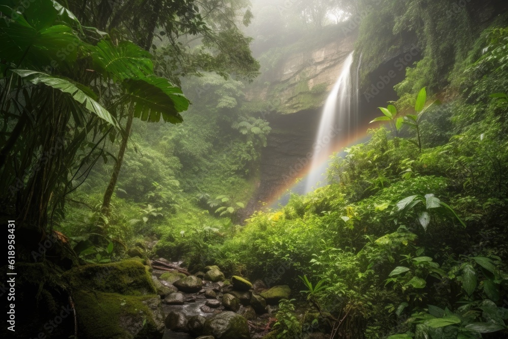 majestic waterfall with a rainbow in the mist, surrounded by lush greenery, created with generative ai