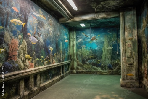murals depicting underwater scene with fish and coral  created with generative ai