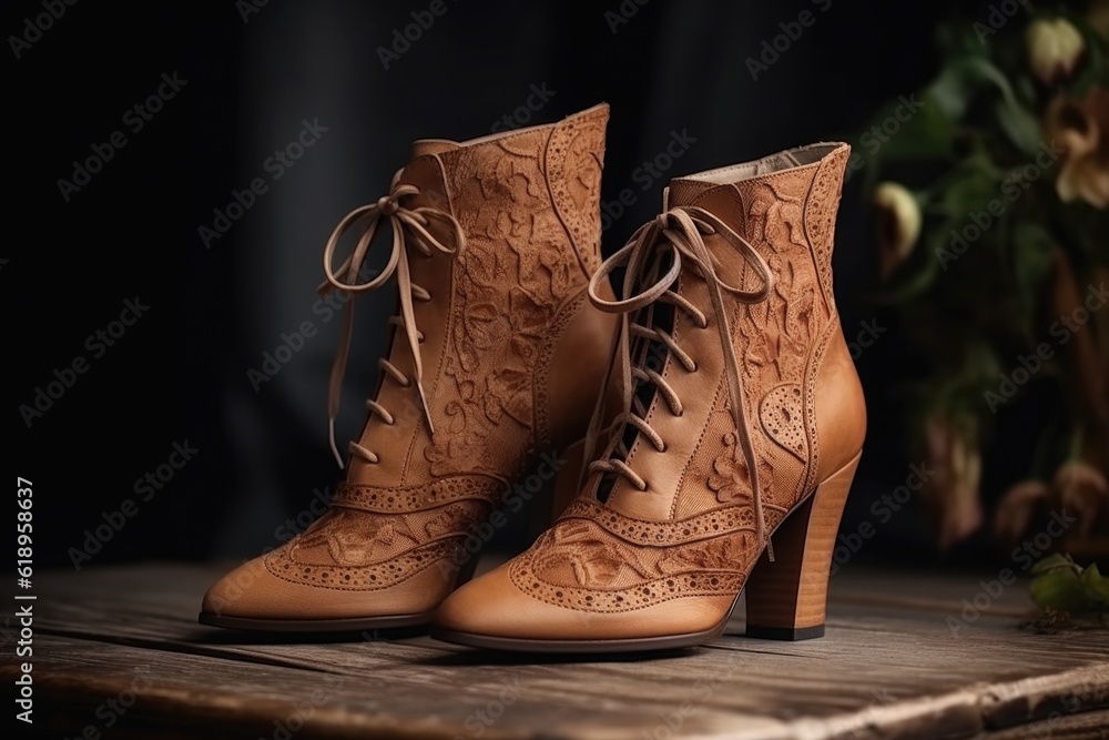elegant leather boots with delicate laces and high heels, created with generative ai