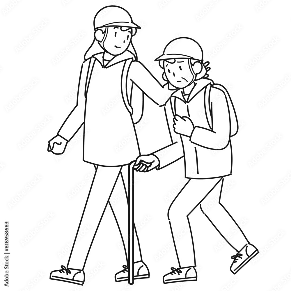 災害時に避難する高齢女性と支援する女性