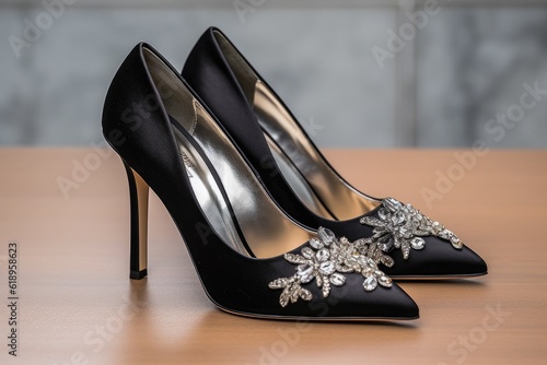 elegant black heels with metallic accents and crystal details, created with generative ai