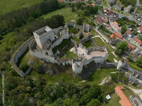 Aerial view of Rabi castle, largest medieval fortress ruin in the Czech Republic with concentric walls and round towers photo