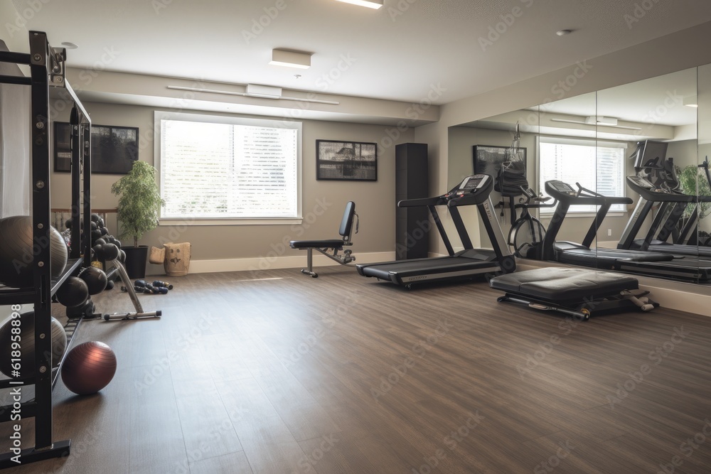 Fototapeta premium a full-size gym with a variety of equipment, including free weights and cardio machines, created with generative ai