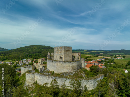 Aerial view of Rabi castle, largest medieval fortress ruin in the Czech Republic with concentric walls and round towers