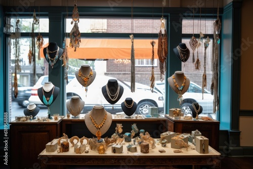 boutique window display featuring handcrafted jewelry and accessories, created with generative ai
